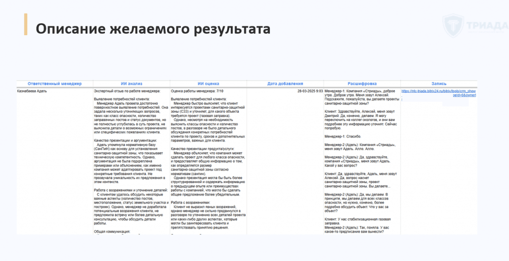 пример желаемого результата по внедрению ИИ