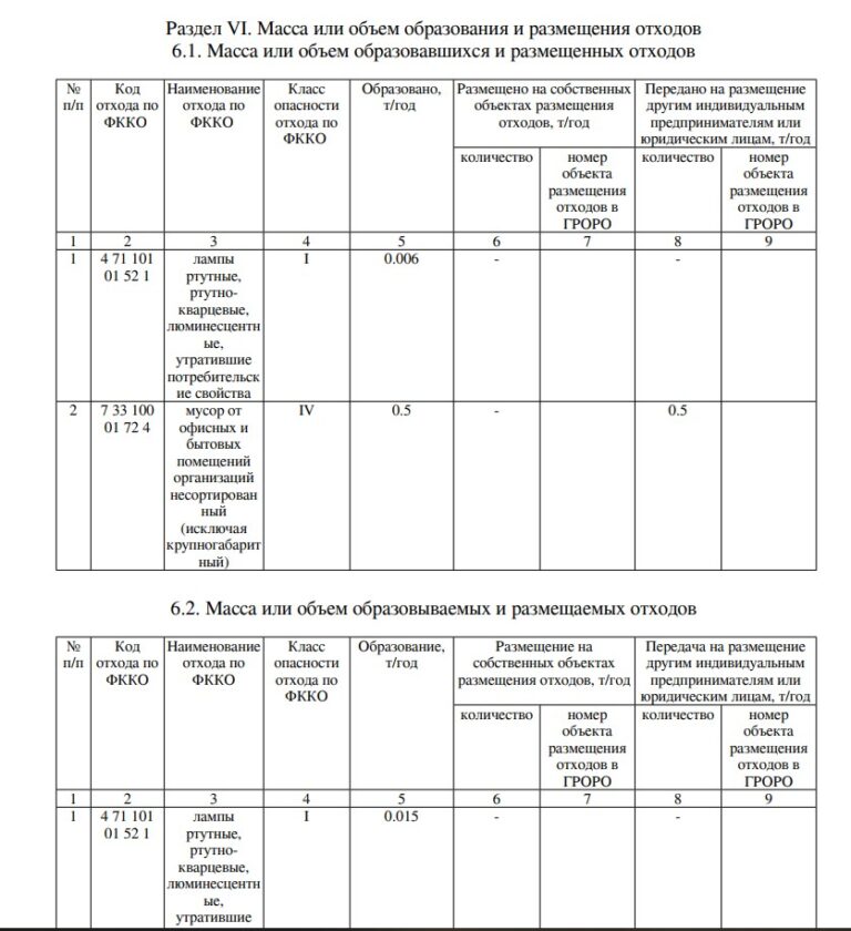 Масса или объем образования и размещения отходов в декларации ДВОС