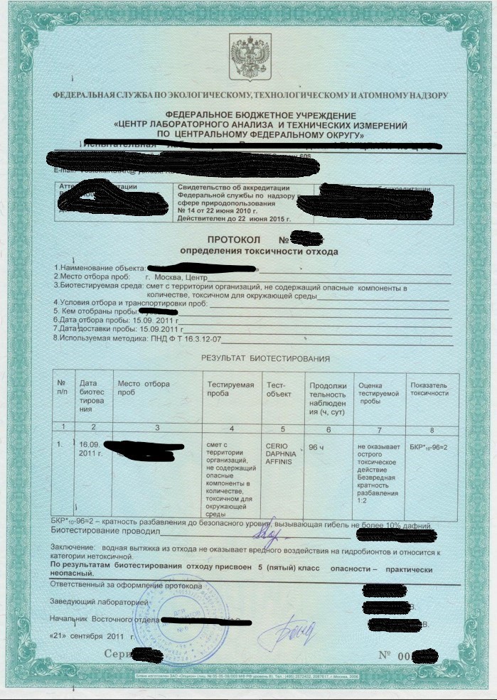 образец протокола биотестирования протокол делается на каждый опасный отход.