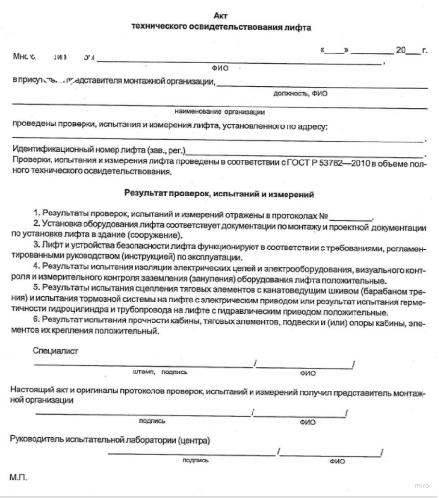 образец акта освидетельствования лифта