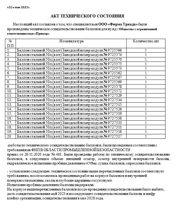 акт технического освидетельствования баллонов