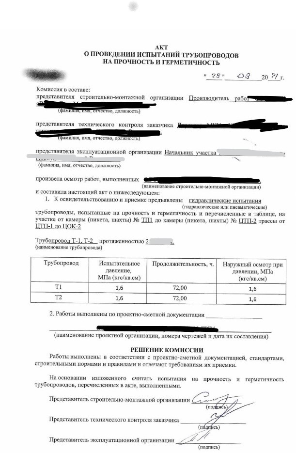 акт гидравлических испытаний образец