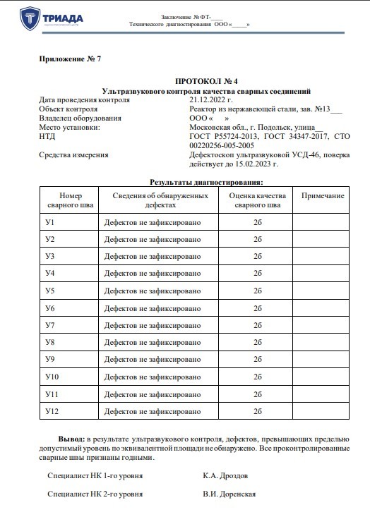 образец протокола УЗК