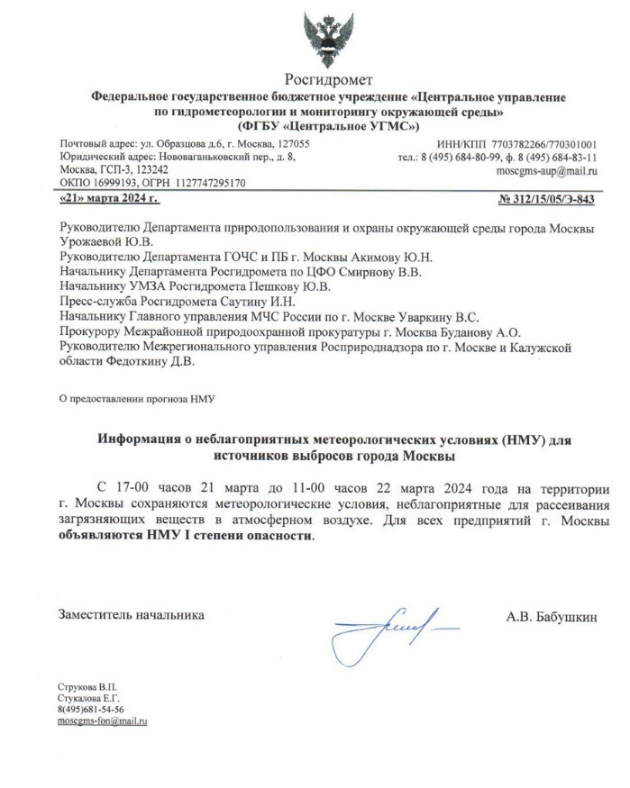 пример сообщения о наступлении НМУ (опубликовано «Центральное УГМС»)