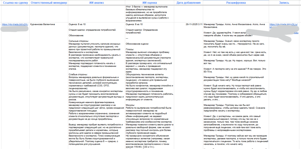 все звонки с расшифровкой подтягиваются в таблицу